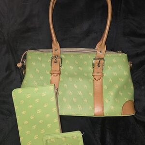 Dooney & Bourke Green and Tan Satchel with Leather Trim
